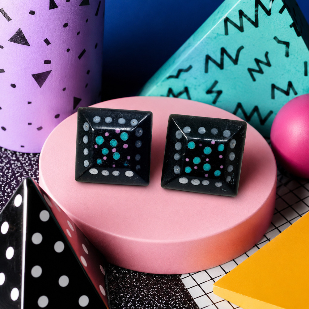Vintage 80s Black Geometric Square Stud Earrings Painted Abstract Art Pierced 1"